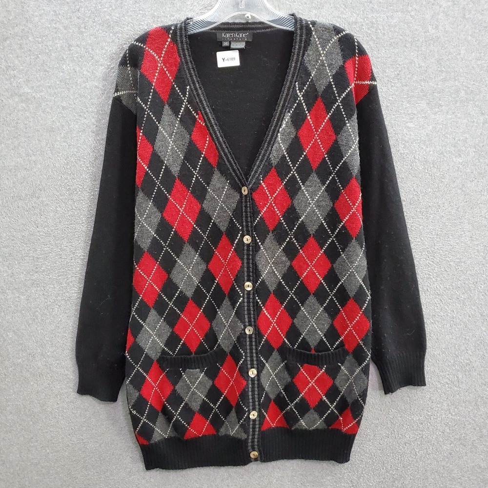 Karen Kane Women Sweater Medium Red Diamond 100% Merino Wool Cardigan Mid Length